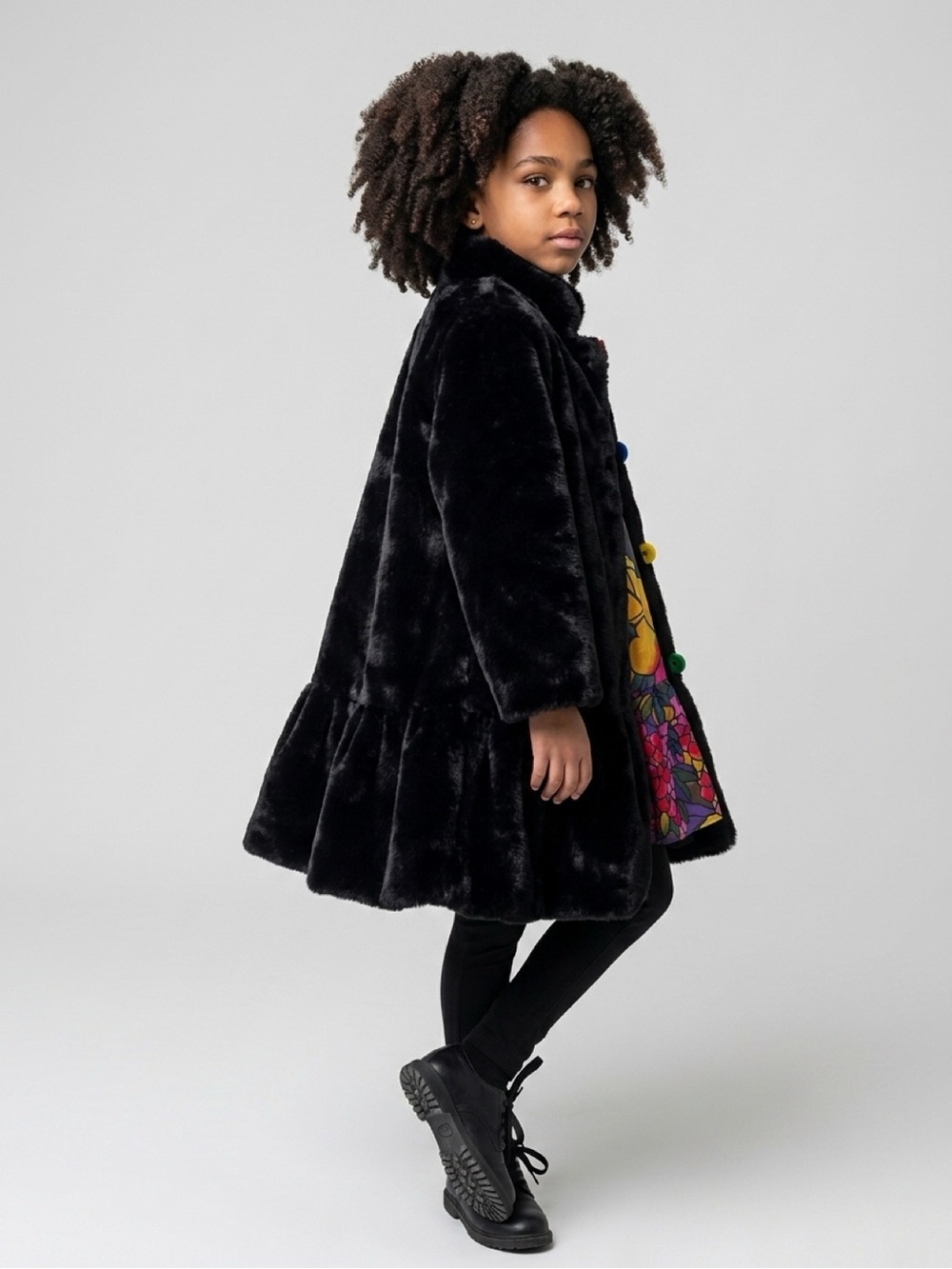 Girls Elegant Vintage Black Faux Fur Coat